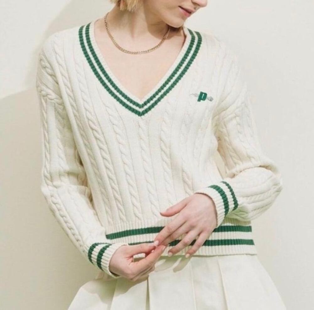 Prince Pickleball Cable Knit Cricket Tennis V Neck Cotton preppy  Sweater M